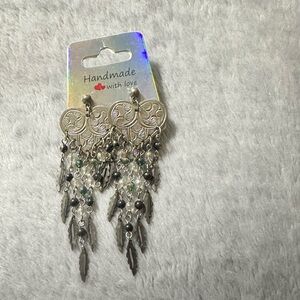 Handmade Silver Feather Dangle Earrings with Beads